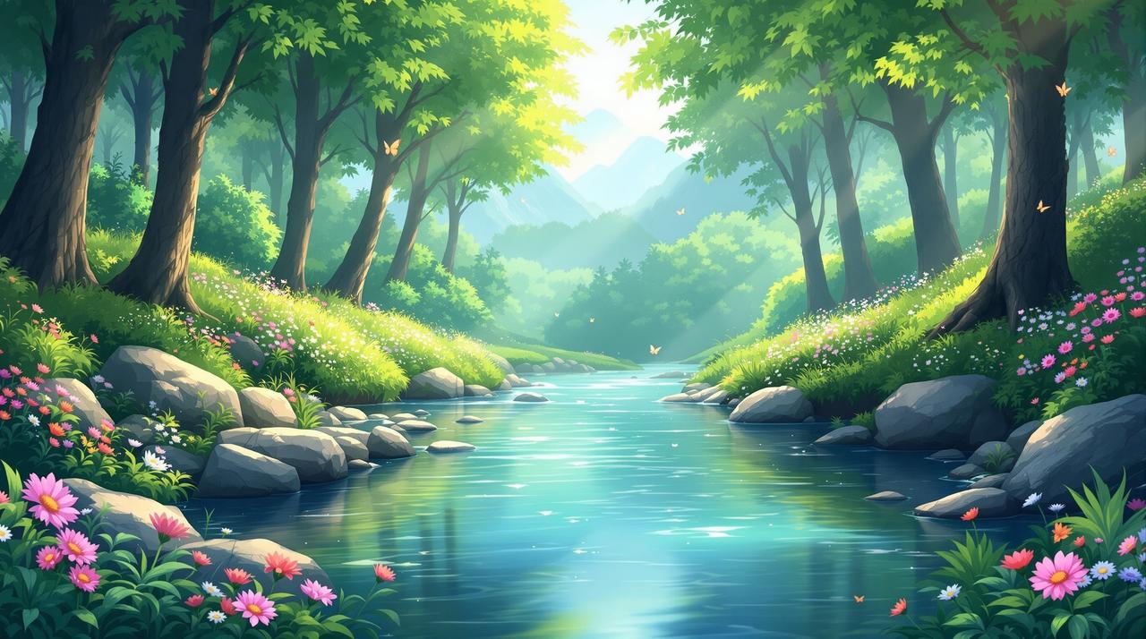 免费短剧 - 清澈甘甜的治愈剧场，山间清泉流淌在绿意盎然的森林中，晨光洒落，温暖治愈